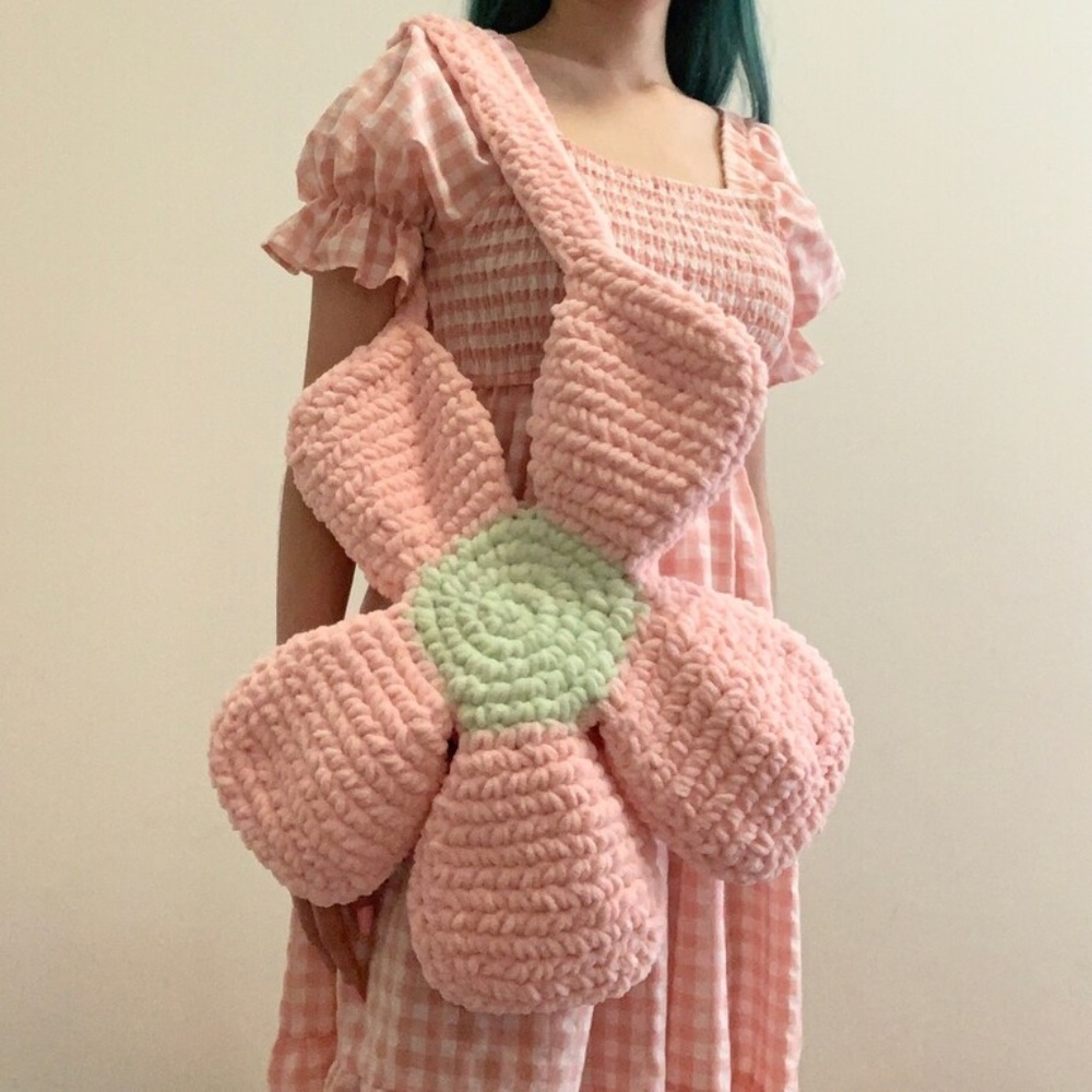 Handmade Knit Crochet Light Pink Mint Green Flower Tote Bag Daisy Purse Y2k